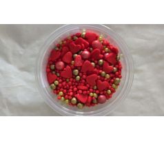 Cukrová posýpka perly a srdiečka červený mix 15g